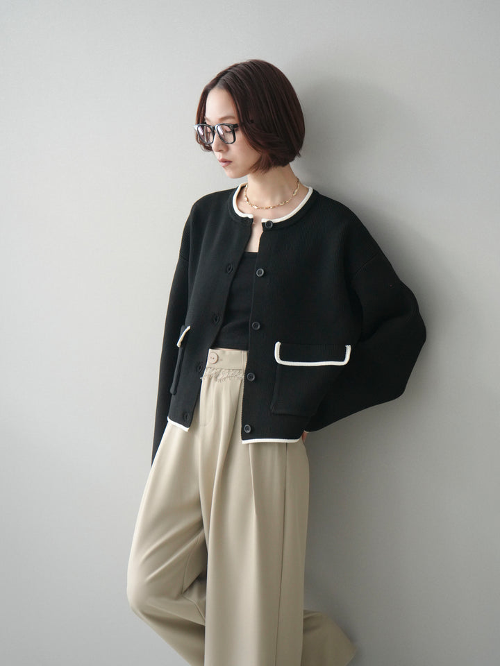 [SET]ポリエステル配色ニットカーディガン+ウエストレースタックワイドパンツ(2set)