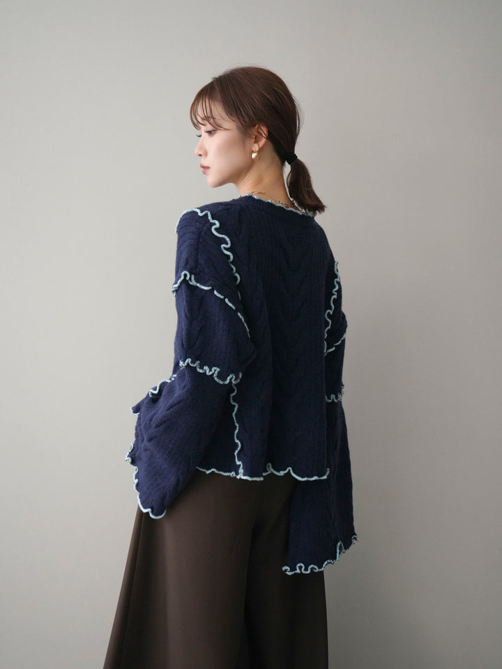 [予約]フロントリボン配色メローニットカーディガン/navy