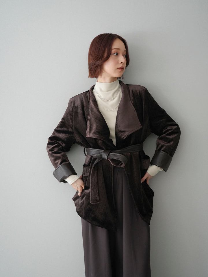 【套裝】絲絨禮服外套+小領墊肩磨毛上衣+腰帶環設計闊腿褲（三件套）