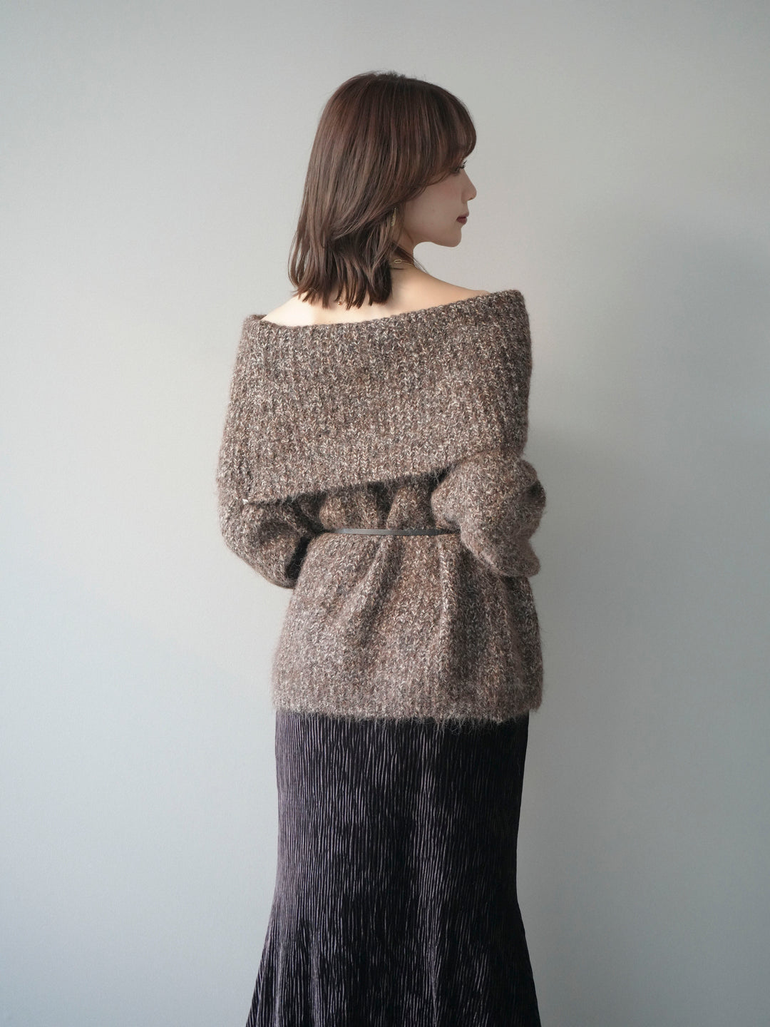 [予約]オフショルミックスニットプルオーバー/brown