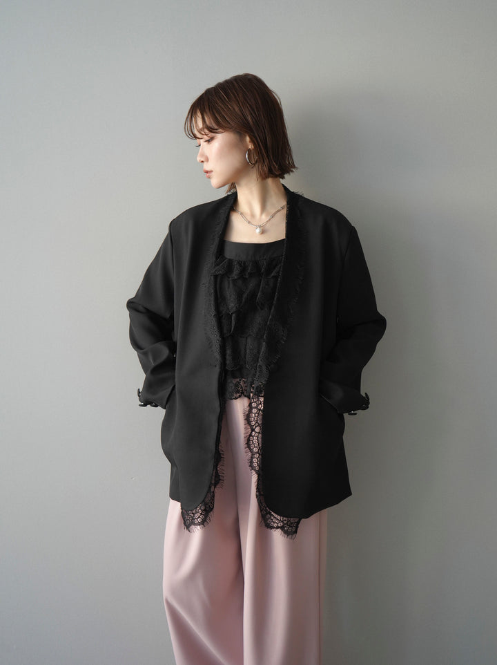 [SET]ノーカラーレースジャケット+ベルト付キーホルダーモチーフワイドパンツ(2set)