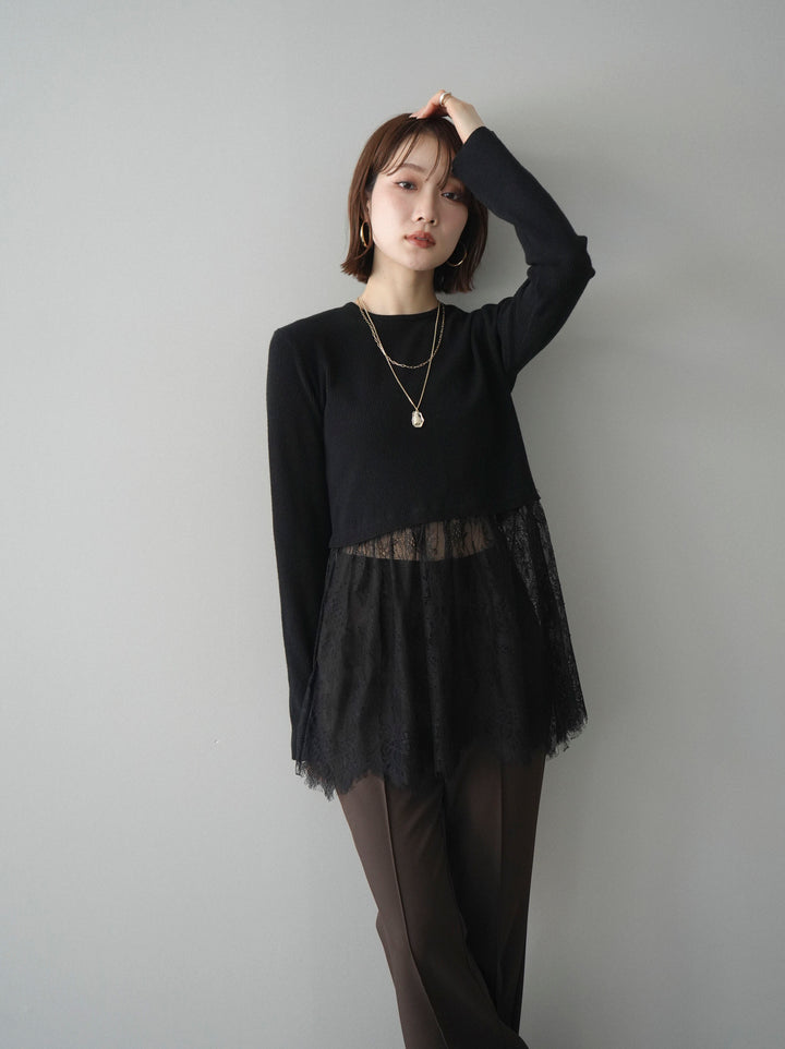 [予約]クルーネックレースドッキングリブニットトップス/black
