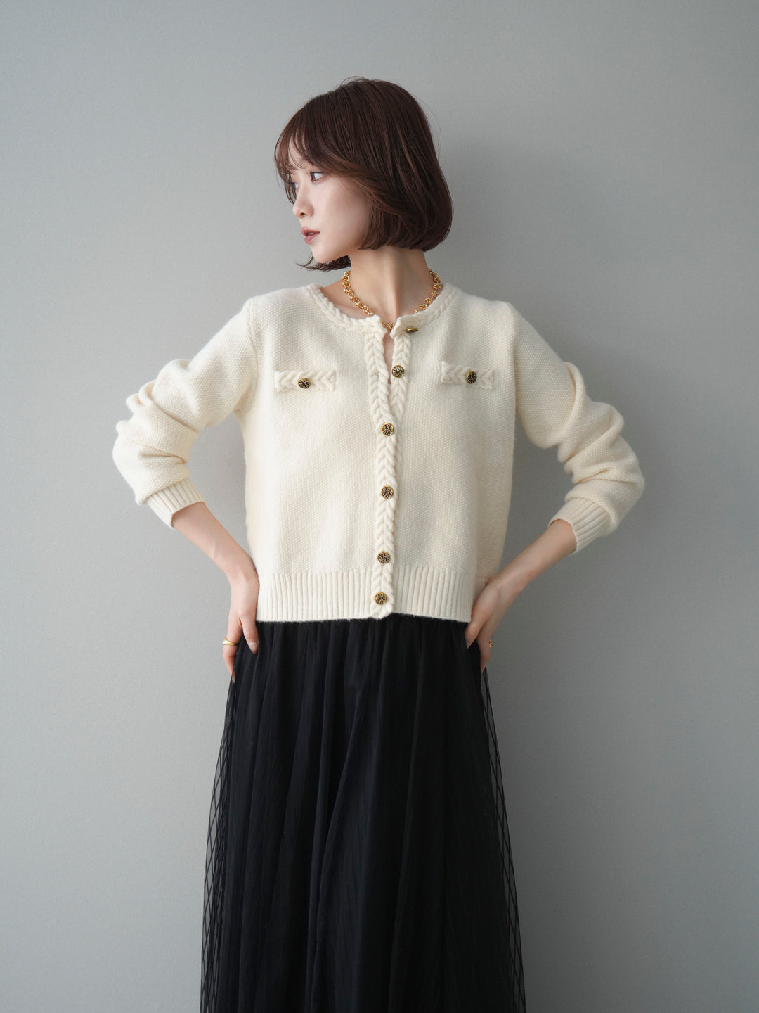[SET]編みこみアンティークボタンニットカーディガン+チュールストライプボリュームスカート(2set)
