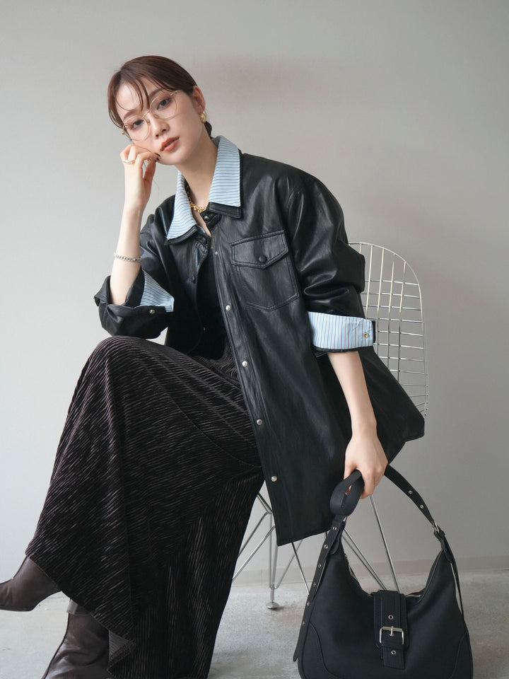 [予約]シャツレイヤードデザインレザージャケット/black