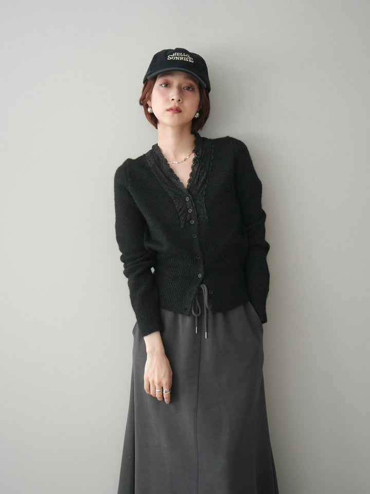 [SET]レースネックコンパクトニットカーディガン+選べるアクセセット(2set)