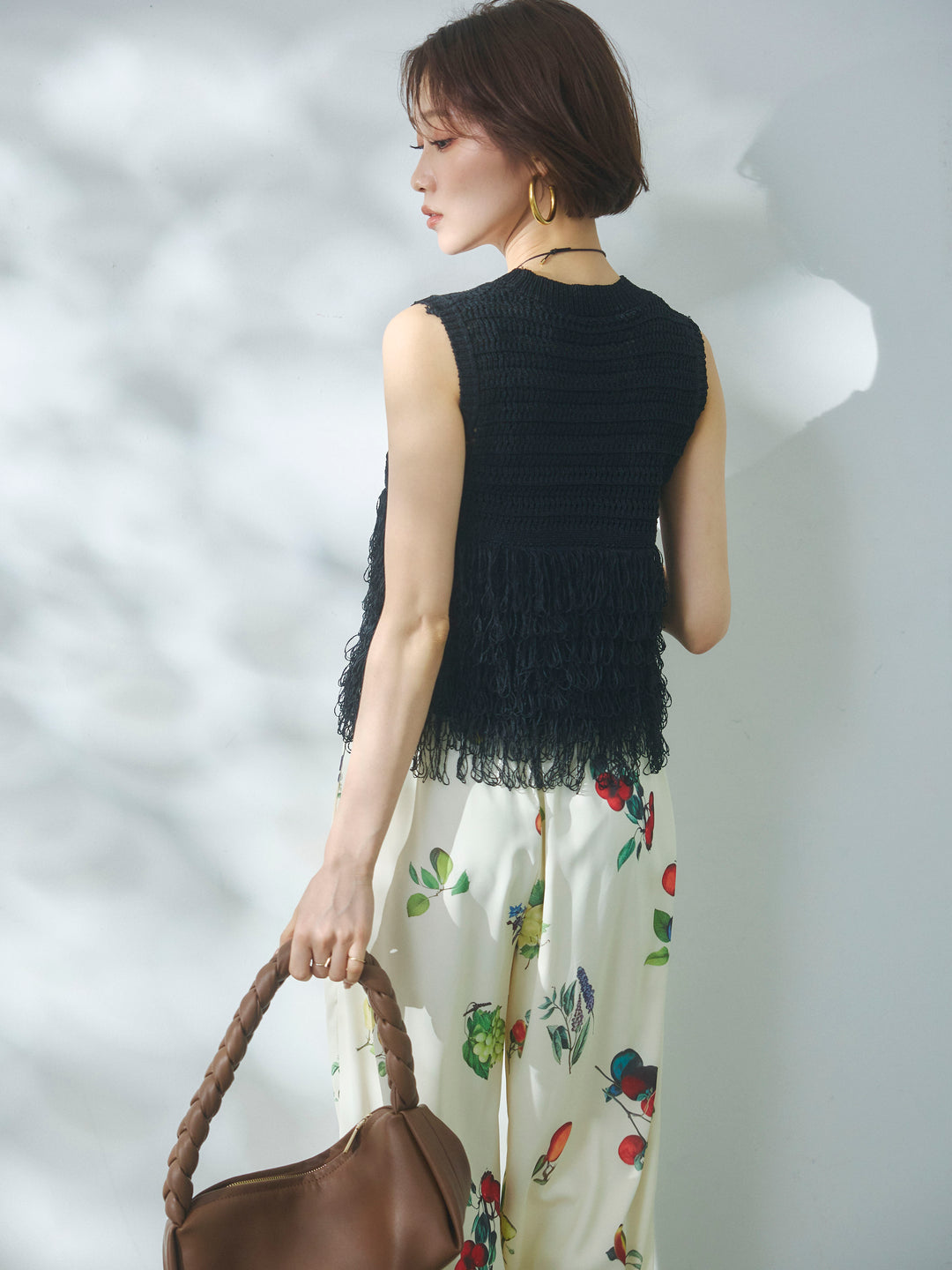 【Allure】[SET]フリンジクロップドニットベスト+ボタニカルプリントイージーパンツ(2set)