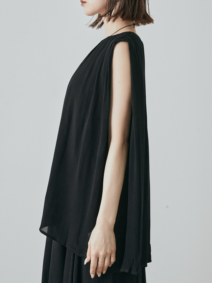 [預購] 透視褶肩襯衫/黑色