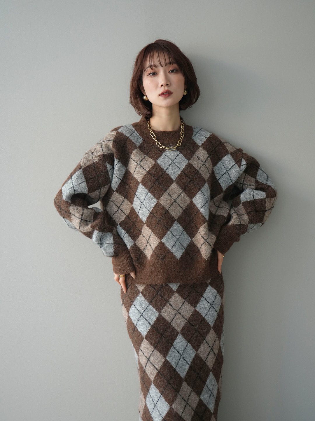 [SET]アーガイルニットプルオーバー&ロングスカートSET UP+選べるアクセセット(2set)