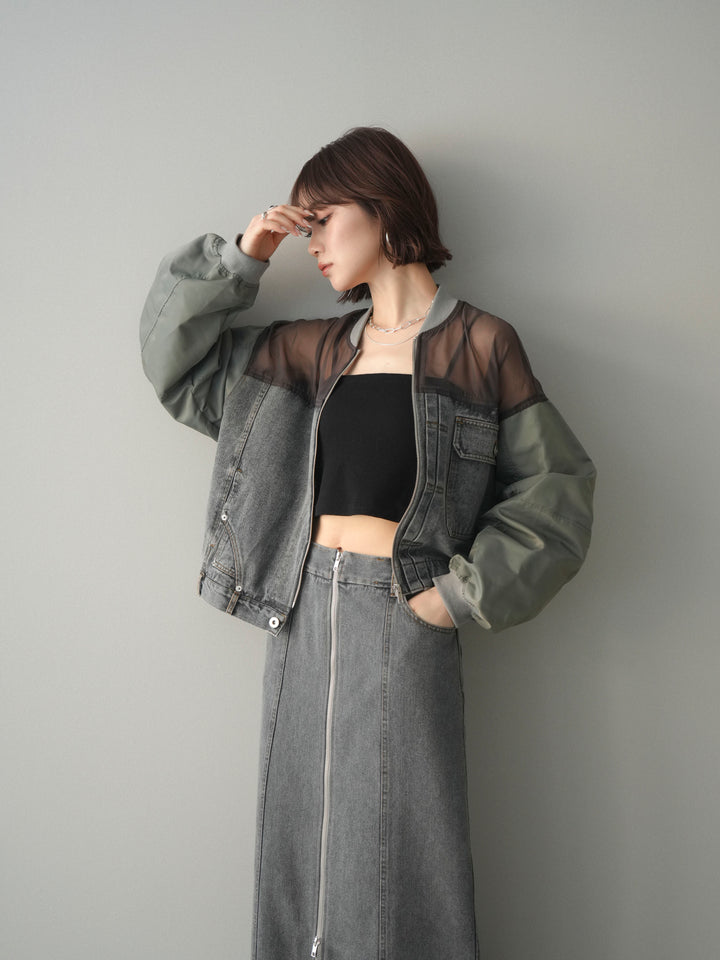 [SET]異素材デニムブルゾン+フロントジップデニムスカート(2set)