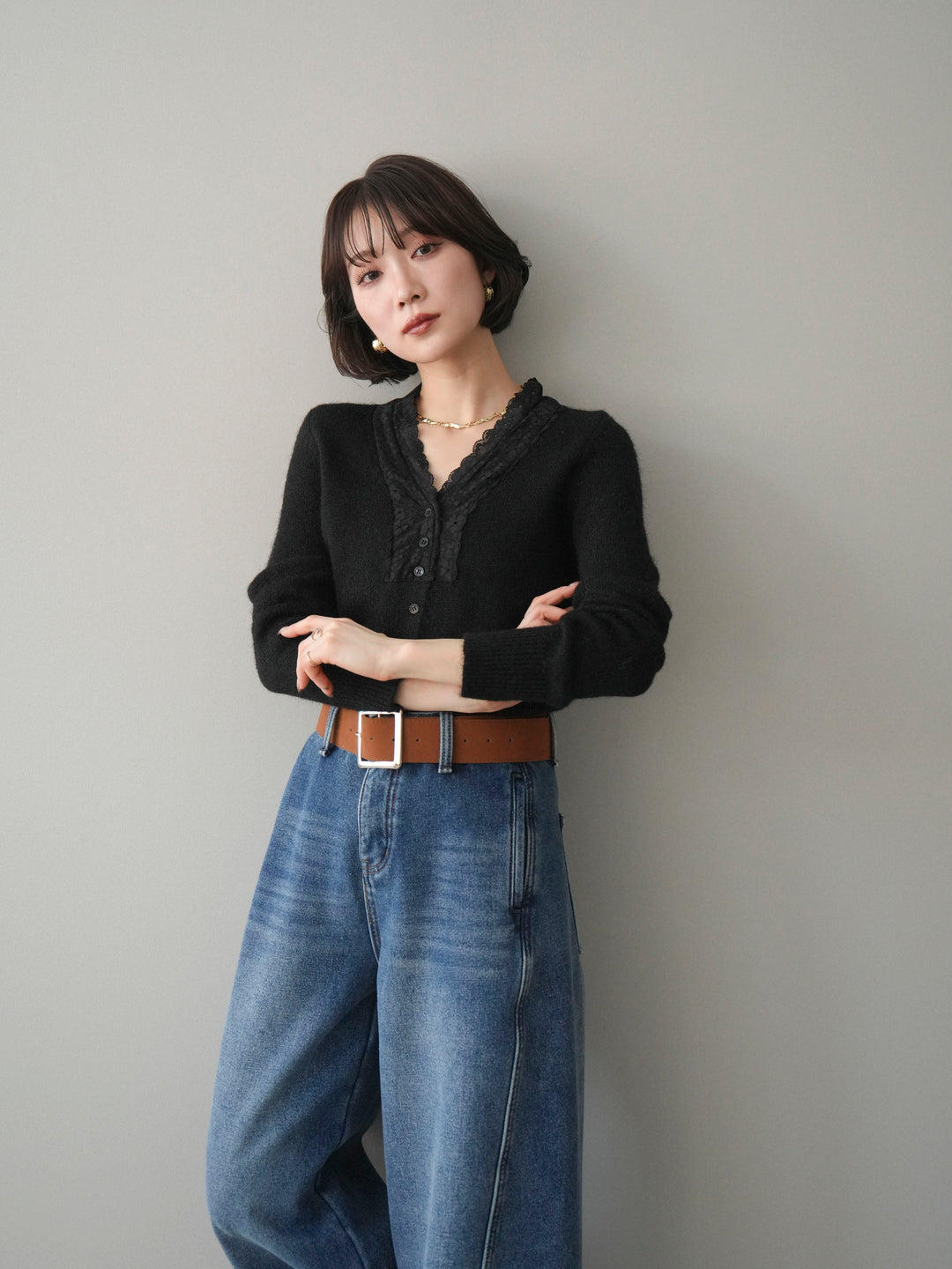 [SET]レースネックコンパクトニットカーディガン+選べるアクセセット(2set)