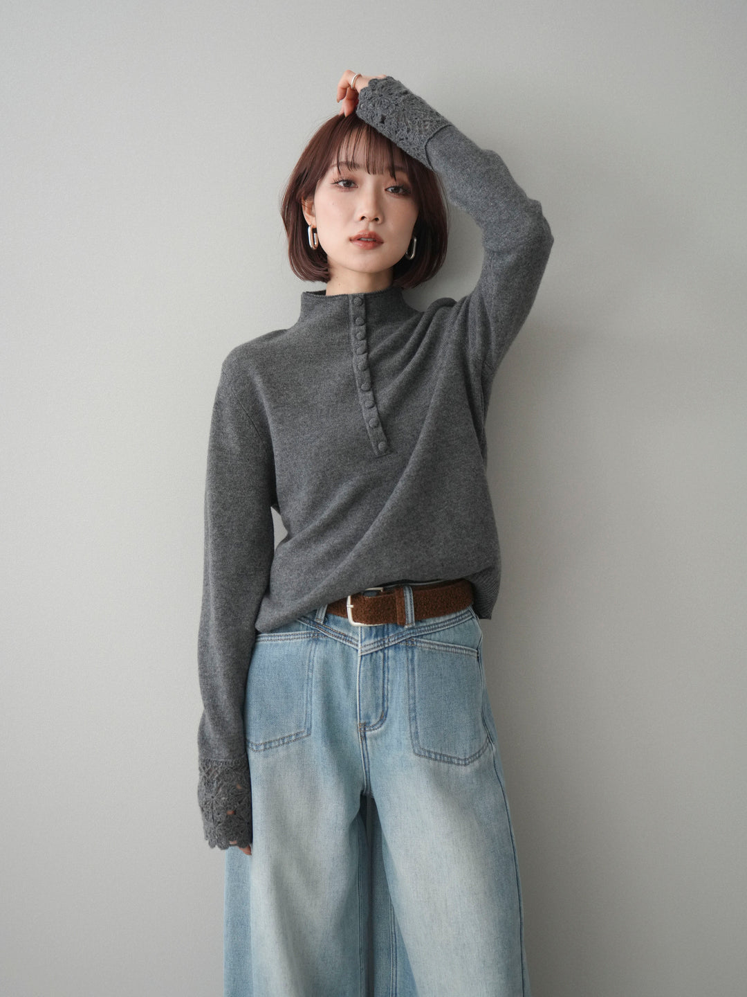 [SET]袖スカラップレースフロントボタンウールニットトップス+選べるアクセセット(2set)