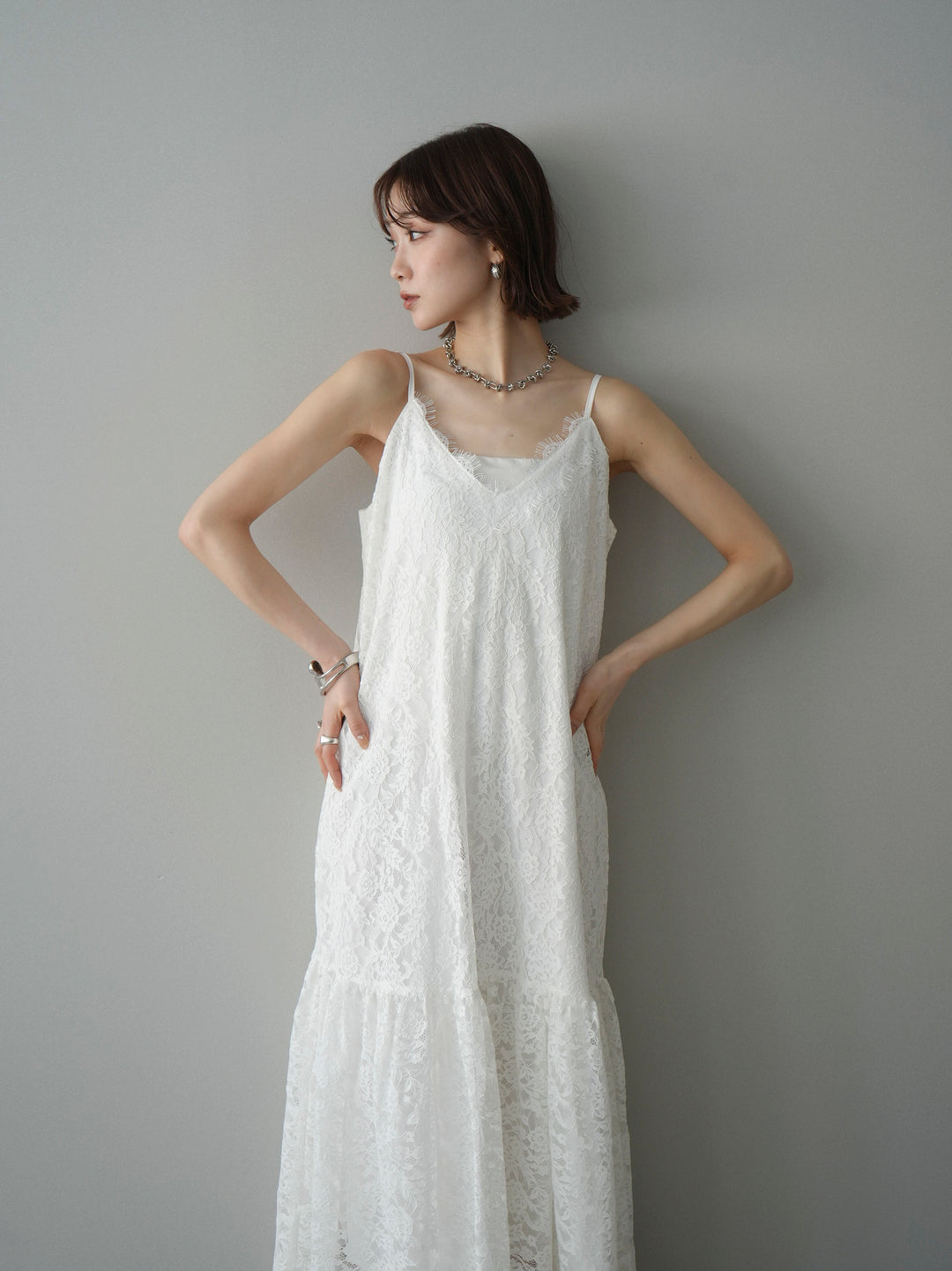 [予約]ギャザー切替レースキャミワンピース/white