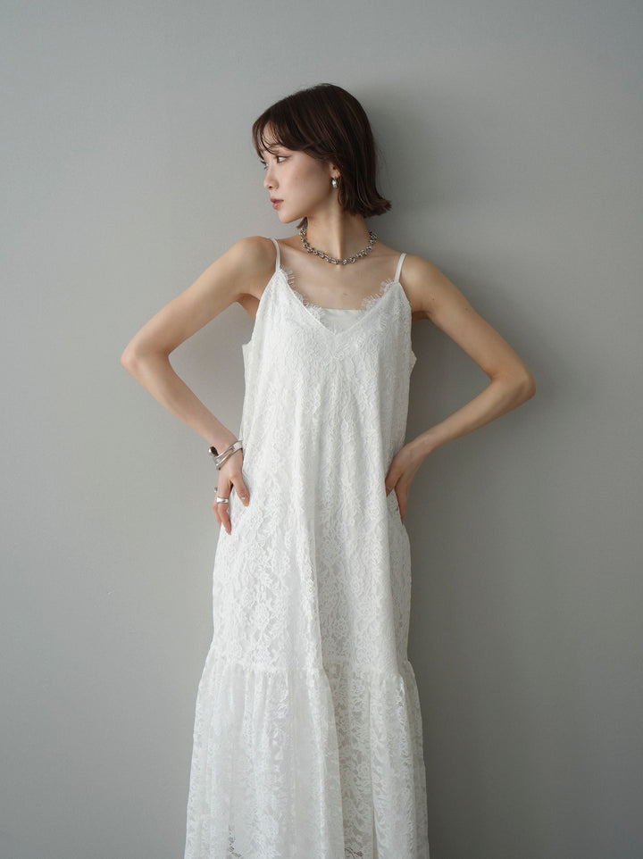 [予約]ギャザー切替レースキャミワンピース/white