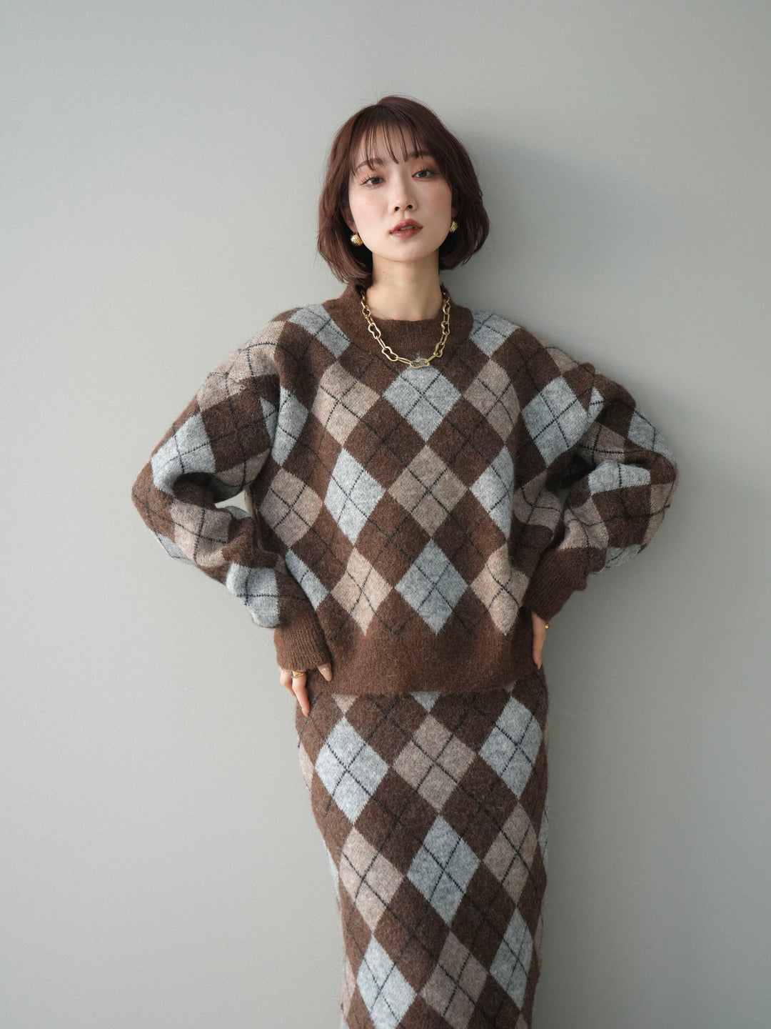 [SET]アーガイルニットプルオーバー&ロングスカートSET UP(2set)