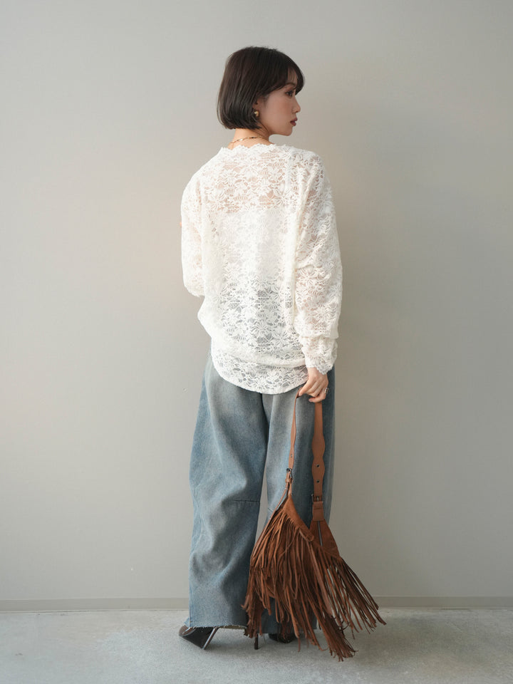 [SET]Vネックレースブラウス+裏起毛カットオフカーブデニムパンツ(2set)
