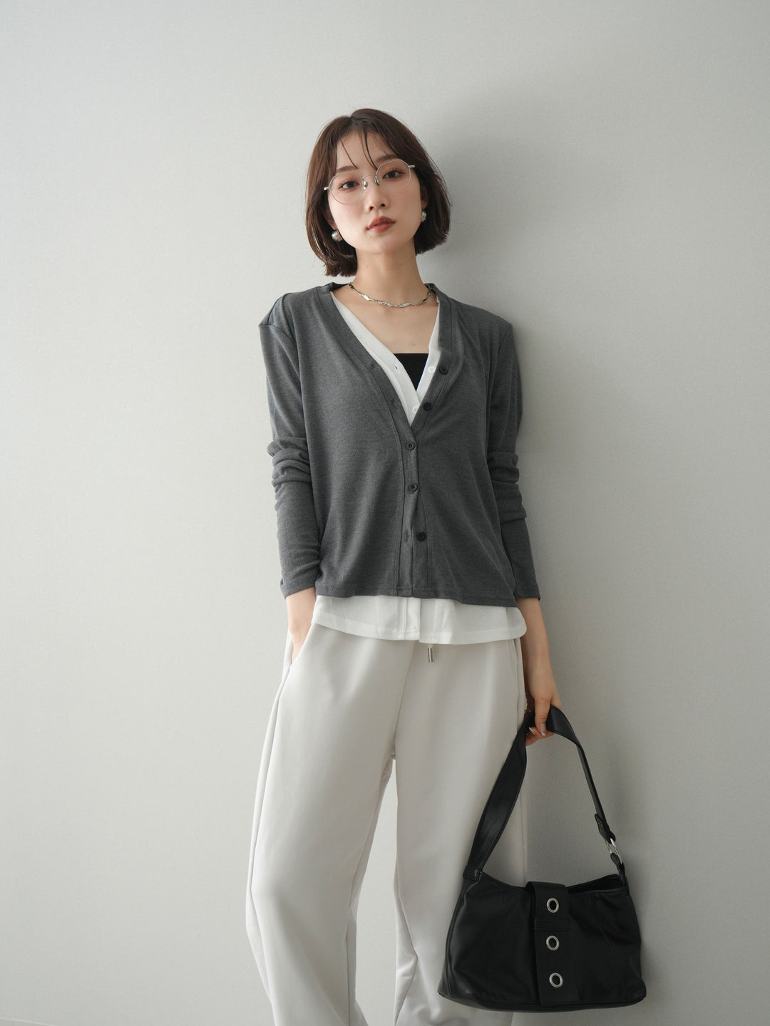 [予約]配色レイヤードカットリブカーディガン/gray