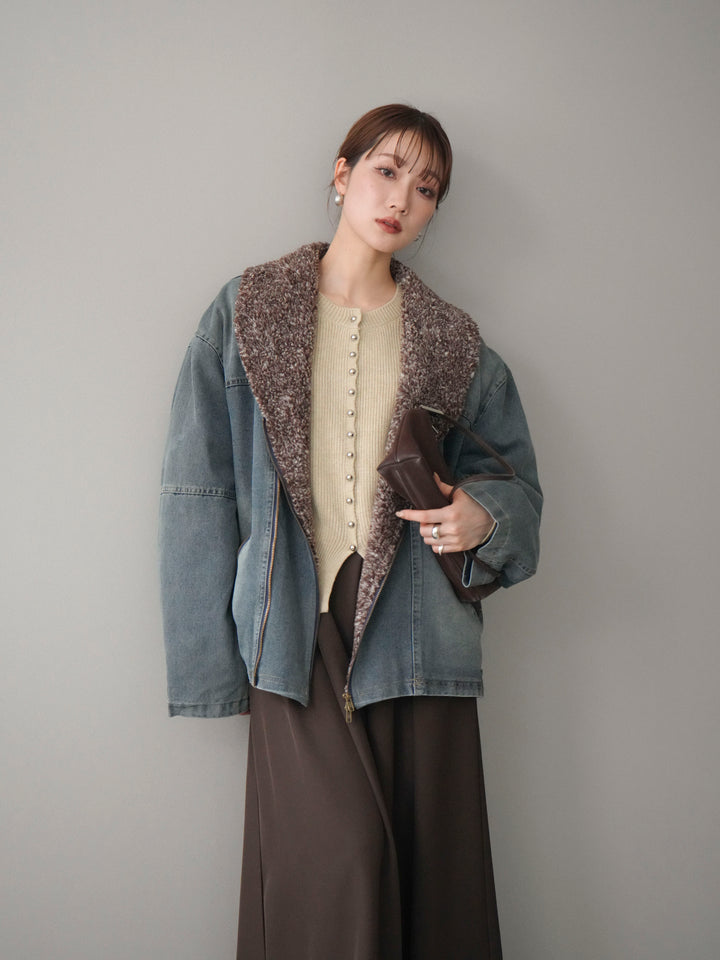 [SET]ミックスボアデニムジャケット+シルバーボタン畦編みニットカーディガン+テープベルトタックバギーパンツ(3set)