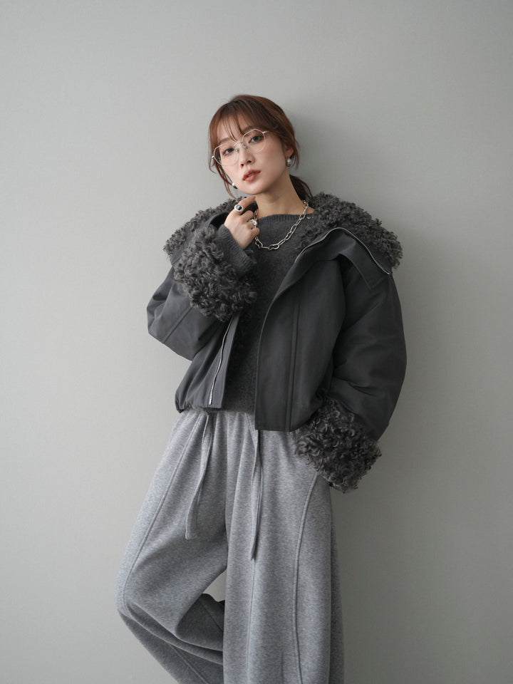 [SET]プードルファーダウンジャケット+アンゴラタッチボートネッククロップドプルオーバー+ウエストベルトカーブラインスエットパンツ(3set)