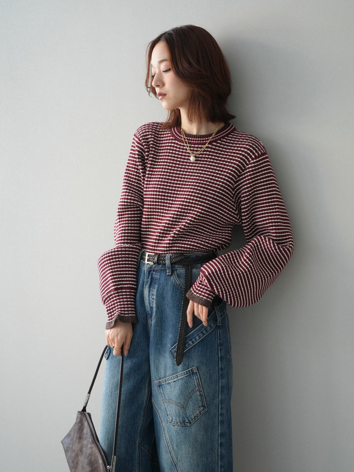 [SET]ラメ異素材ボーダーリブニットプルオーバー+ペインターカーブデニムパンツ(2set)