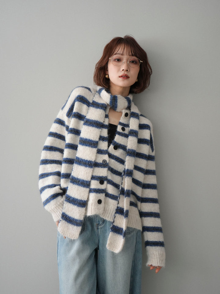 [SET]ボウタイ付きボーダーニットプルオーバー+ベルト付裏起毛カーブデニムパンツ(2set)