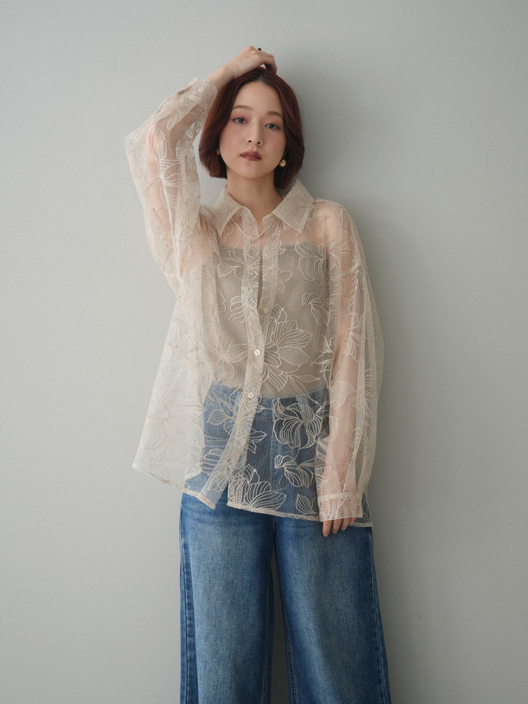 [予約]チュールフラワー刺繍オーバーシャツ/ecru