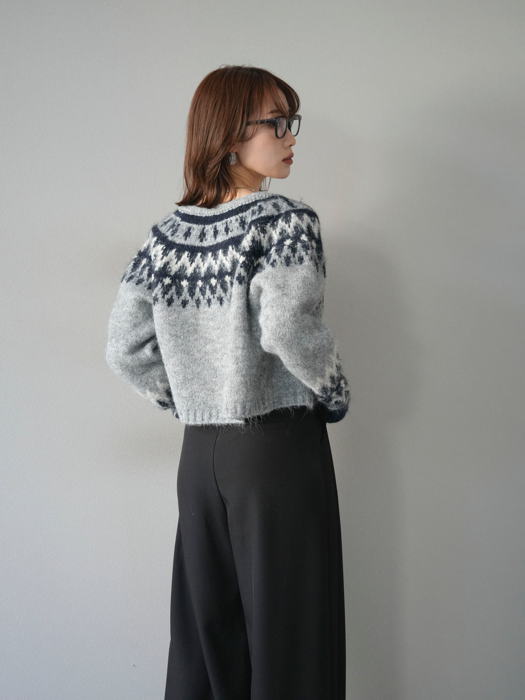 【着回しセット】[SET]求心柄クロップドニットカーディガン+異素材ミックスヤーンニットプルオーバー+ベルトループデザインワイドパンツ(3set)