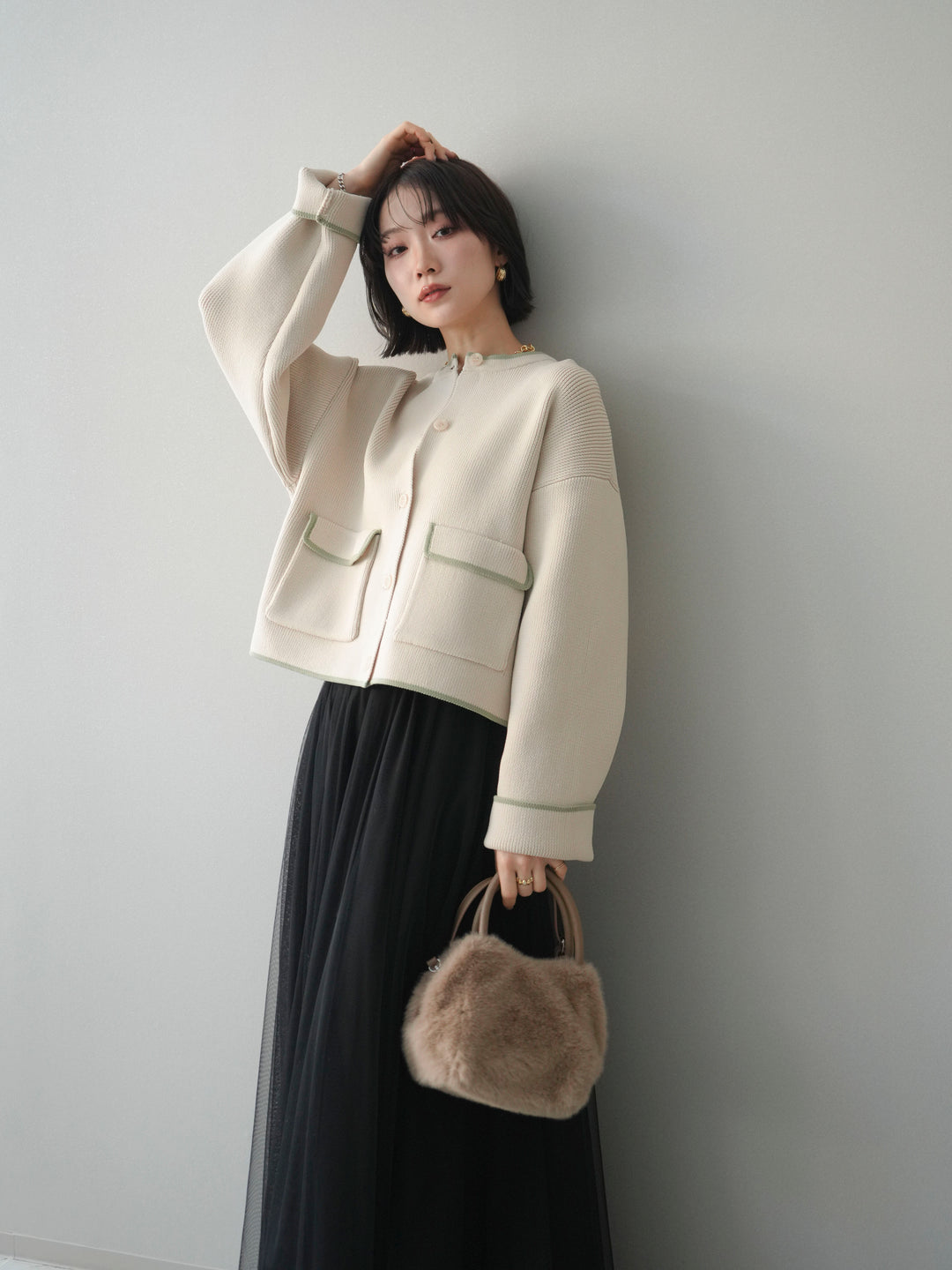 [SET]ポリエステル配色ニットカーディガン+チュールボリュームスカート(2set)