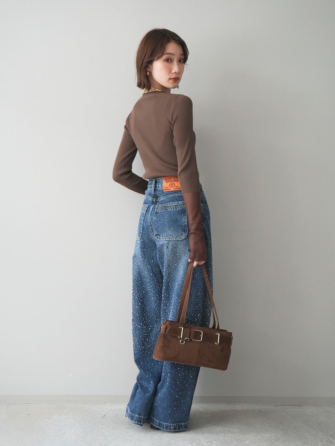 [SET]リブラメシアー切替リブニットトップス+ラインストーンカーブデニムパンツ(2set)