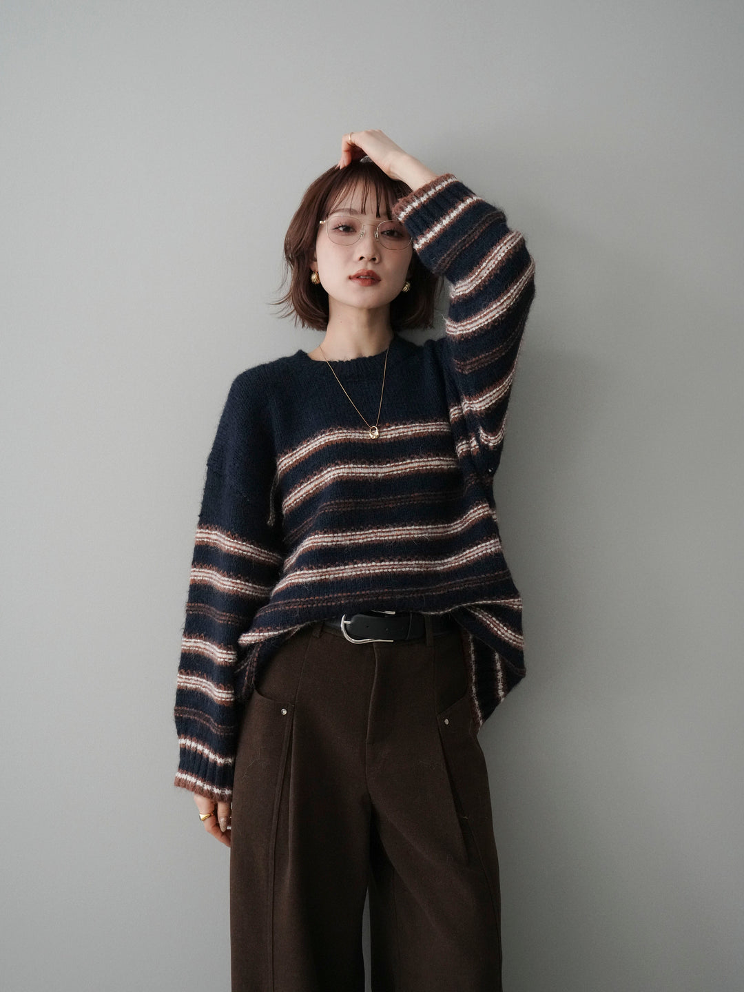 [予約]ステッチボーダーニットプルオーバー/navy