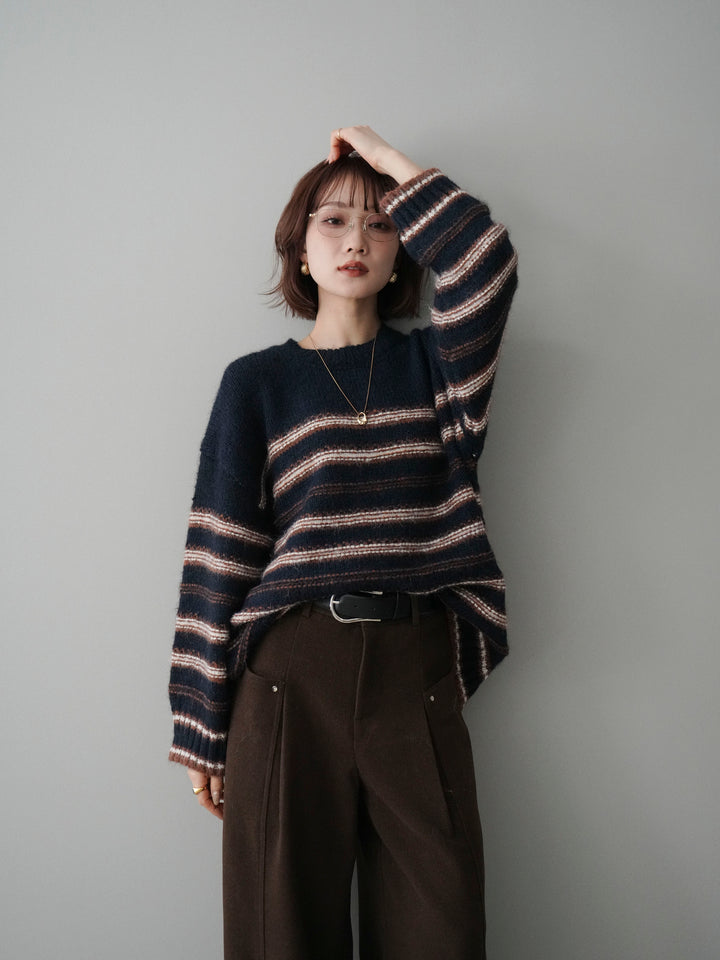 [予約]ステッチボーダーニットプルオーバー/navy