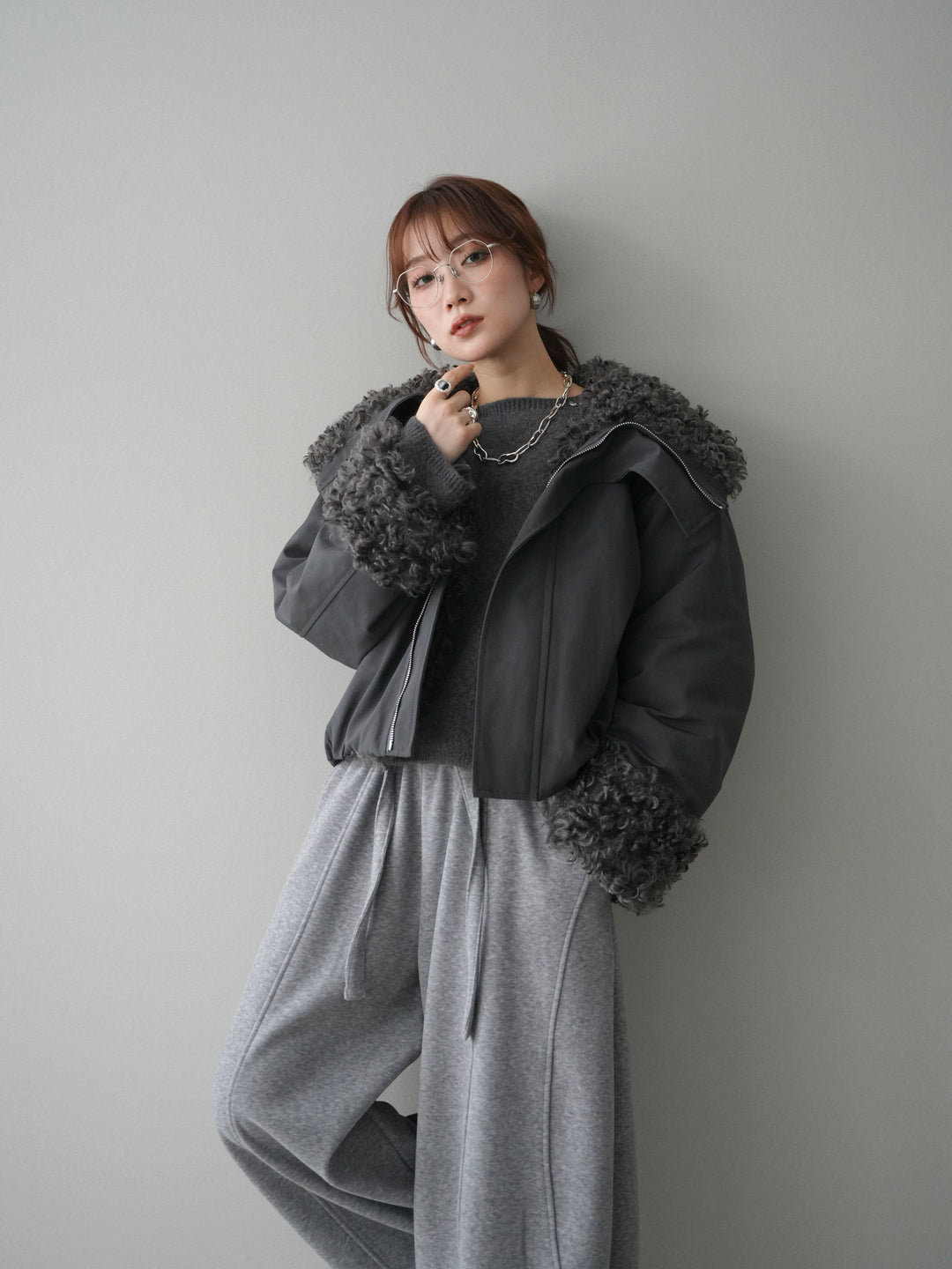 [SET]プードルファーダウンジャケット+アンゴラタッチボートネッククロップドプルオーバー(2set)