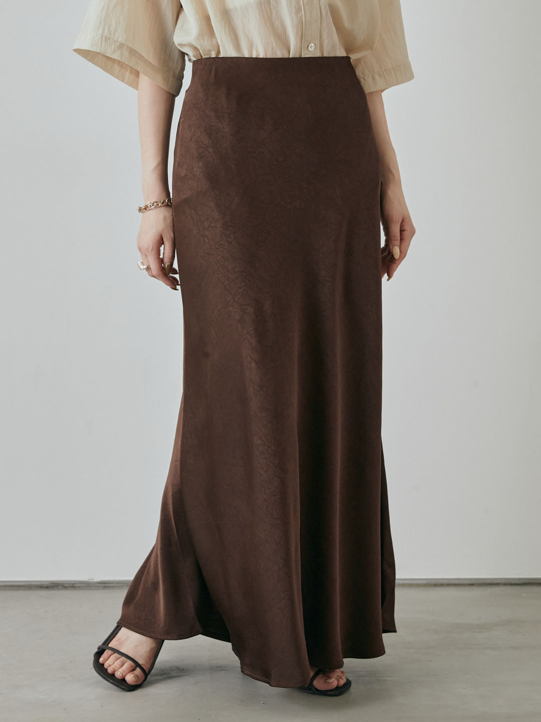 [予約]サテンワッシャーナロースカート/ブラウン