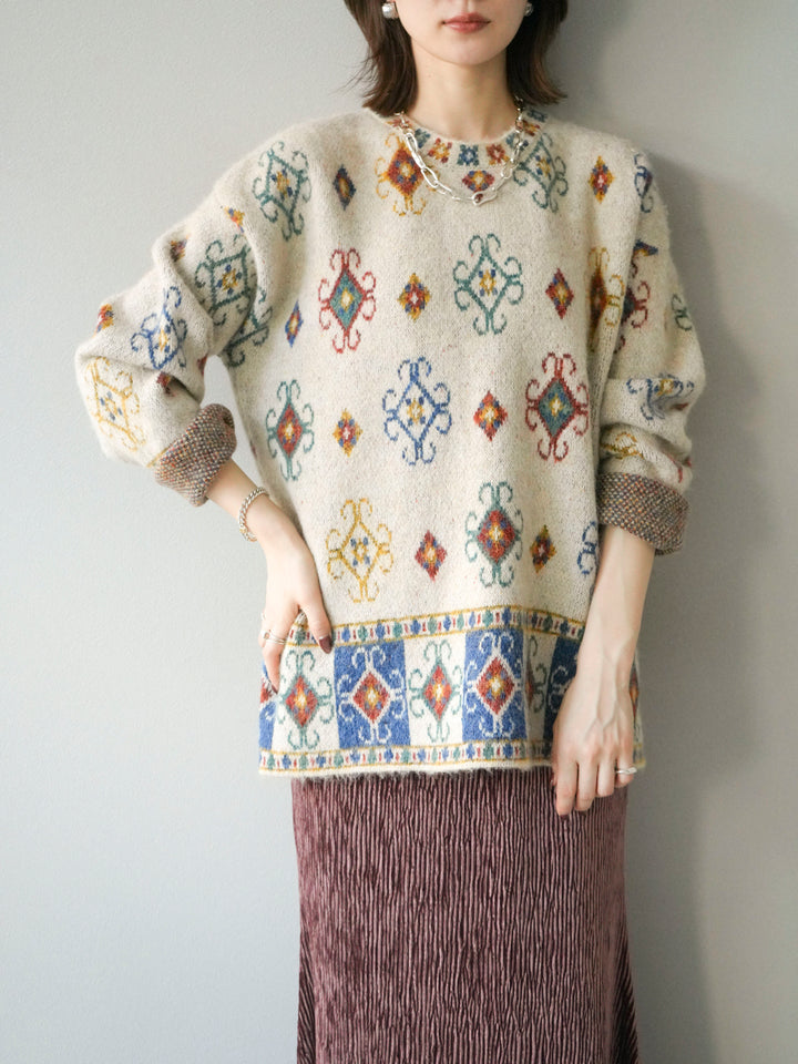 [予約]ヴィンテージ柄オーバーニットプルオーバー/アイボリー