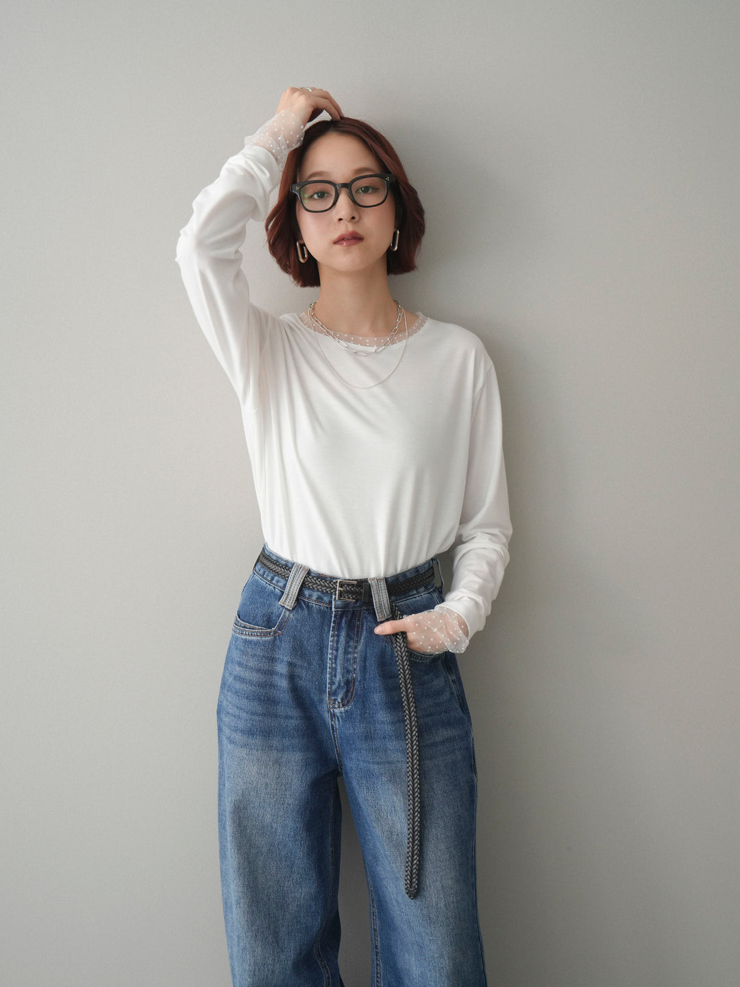 [SET]ドットチュールレイヤードカットソー+選べるアクセセット(2set)