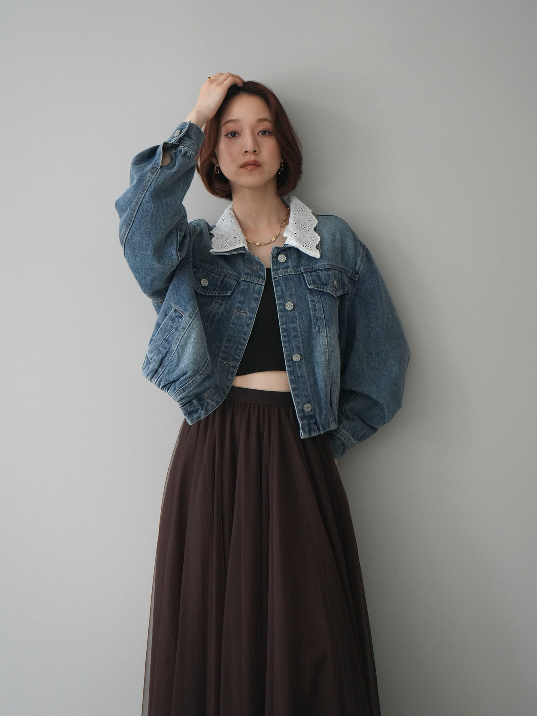 [予約]襟レースデニムショートジャケット/indigo