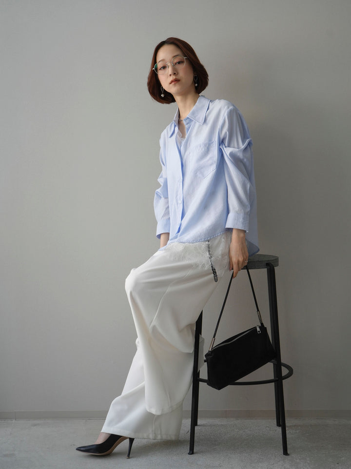 [予約]レイヤードデザイン裾レースブラウス/blue