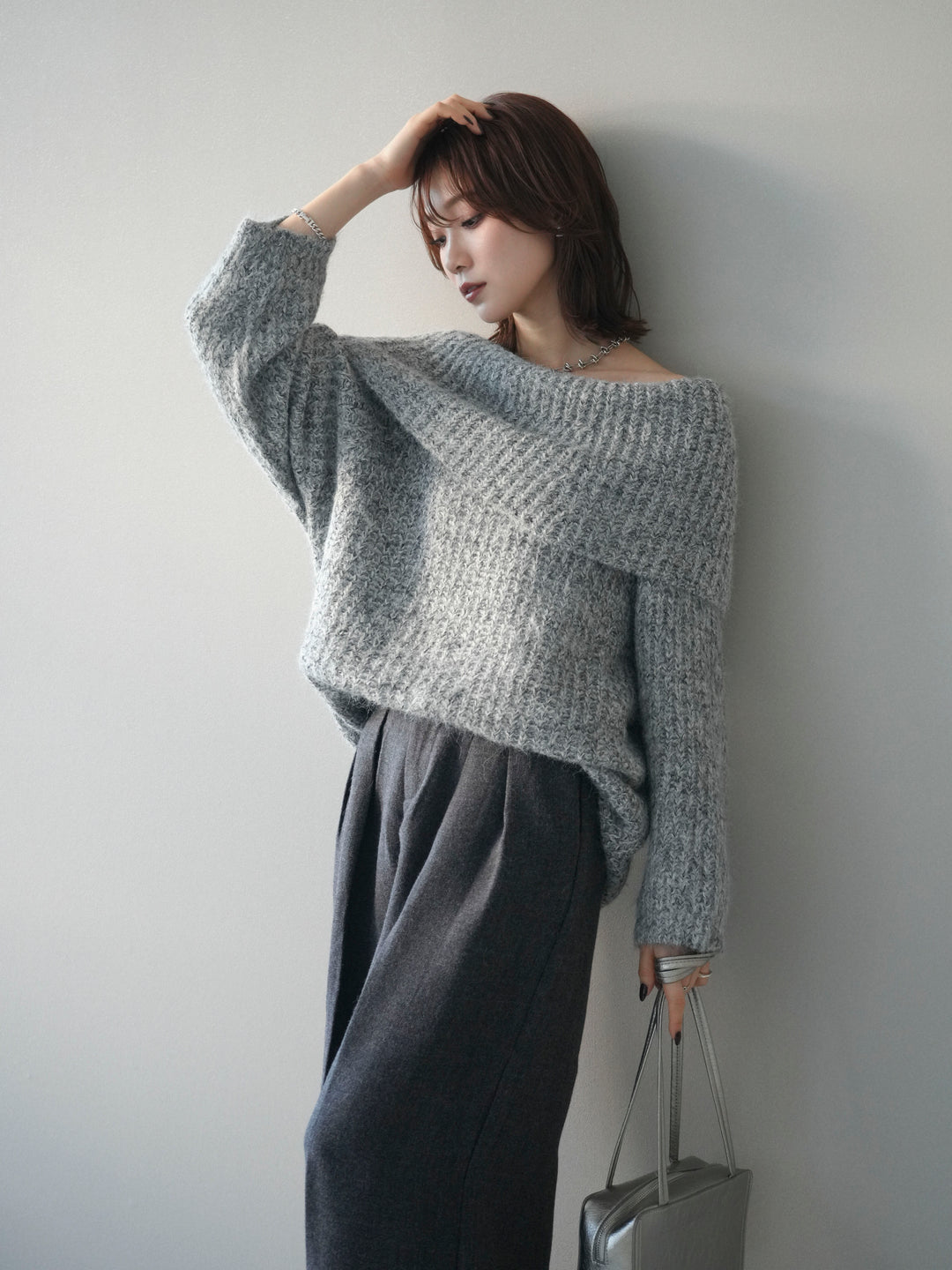 [予約]オフショルミックスニットプルオーバー/gray