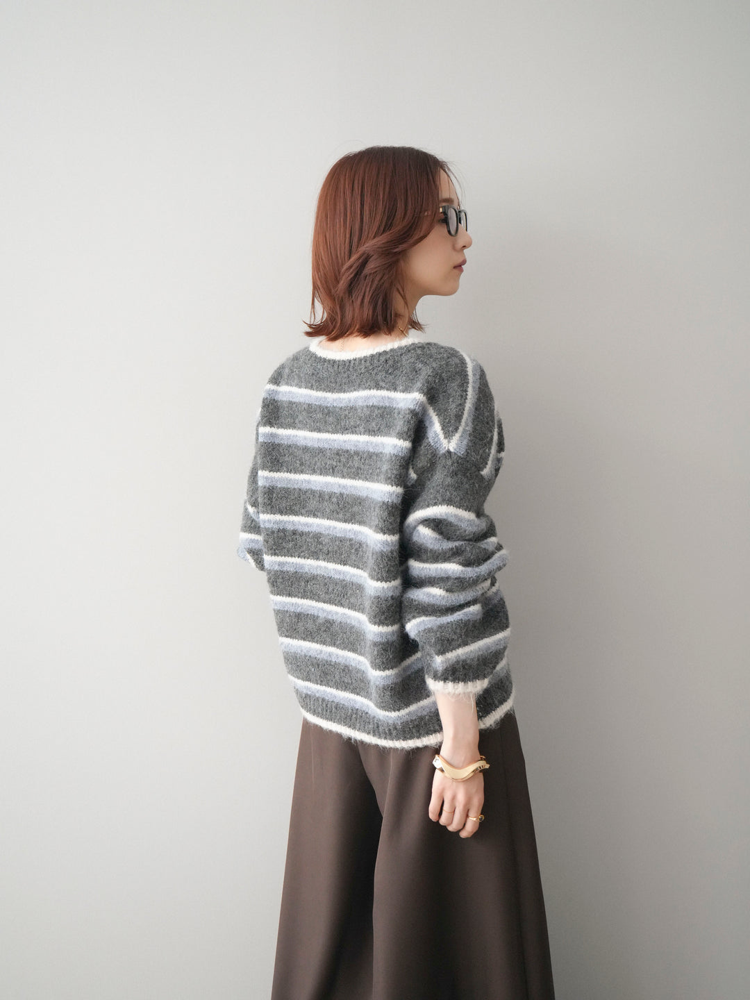 [SET]ウールタッチ配色ボーダーニットカーディガン+テープベルトタックバギーパンツ(2set)