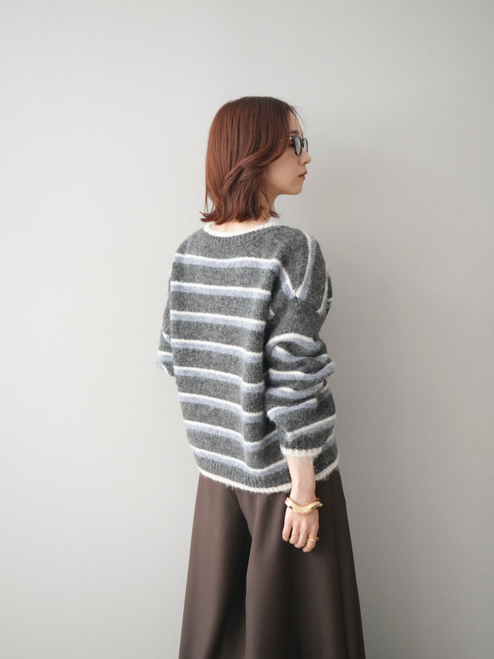 [SET]ウールタッチ配色ボーダーニットカーディガン+テープベルトタックバギーパンツ(2set)