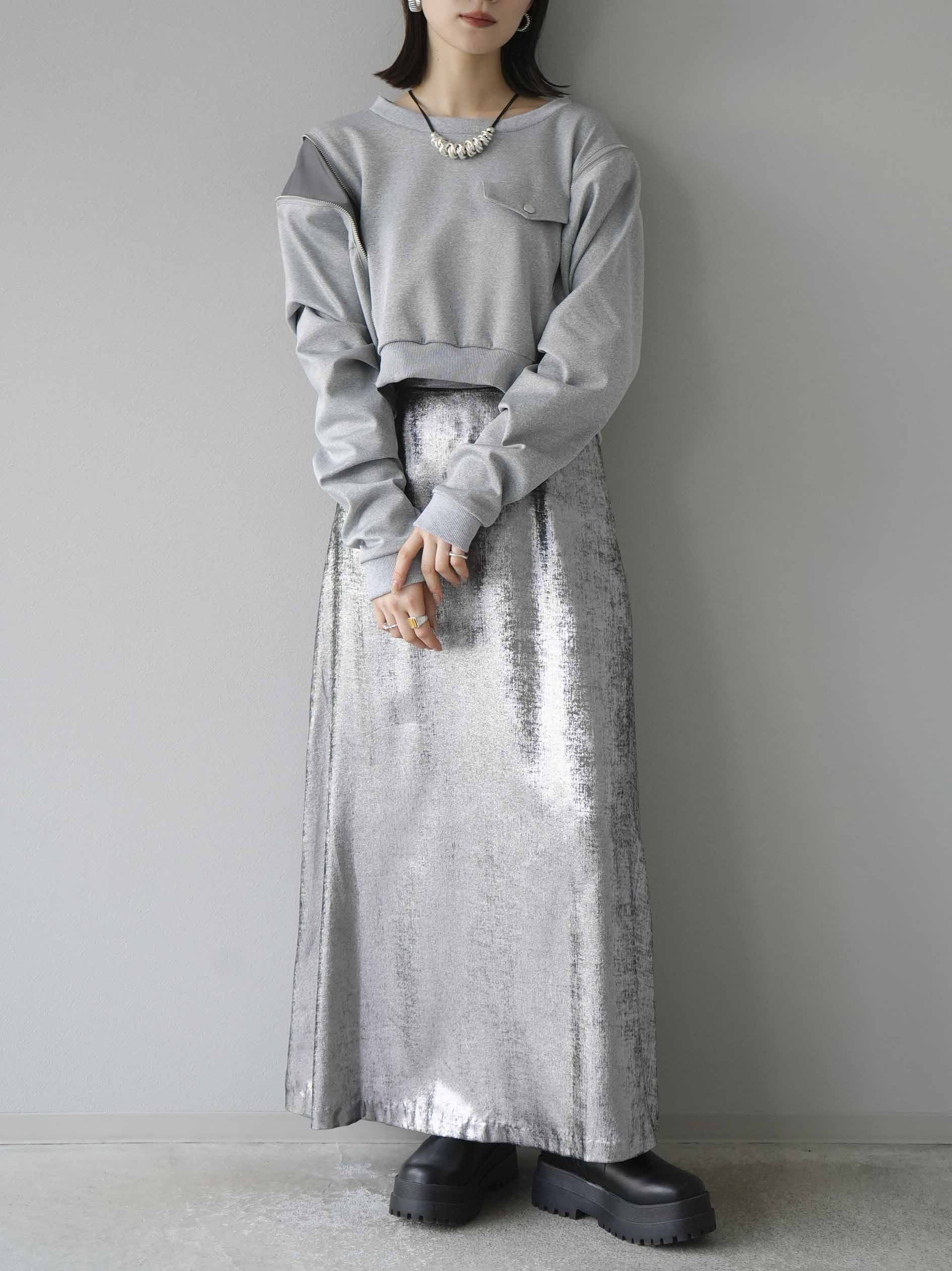 予約]箔プリントナロースカート/シルバー – Lumier