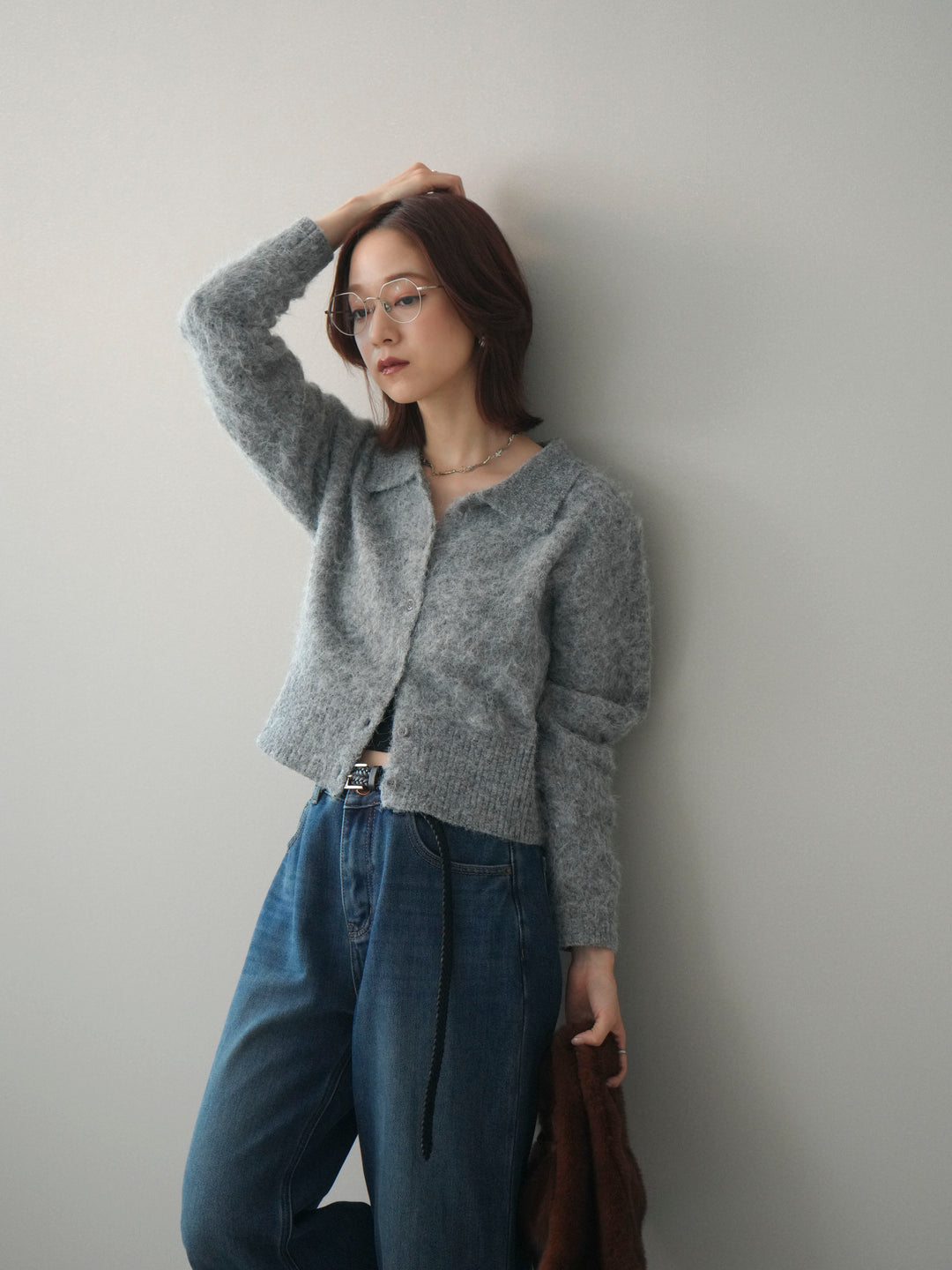 [SET]モヘア衿付きボタンプルオーバー+裏起毛裾フリンジワイドデニムパンツ(2set)