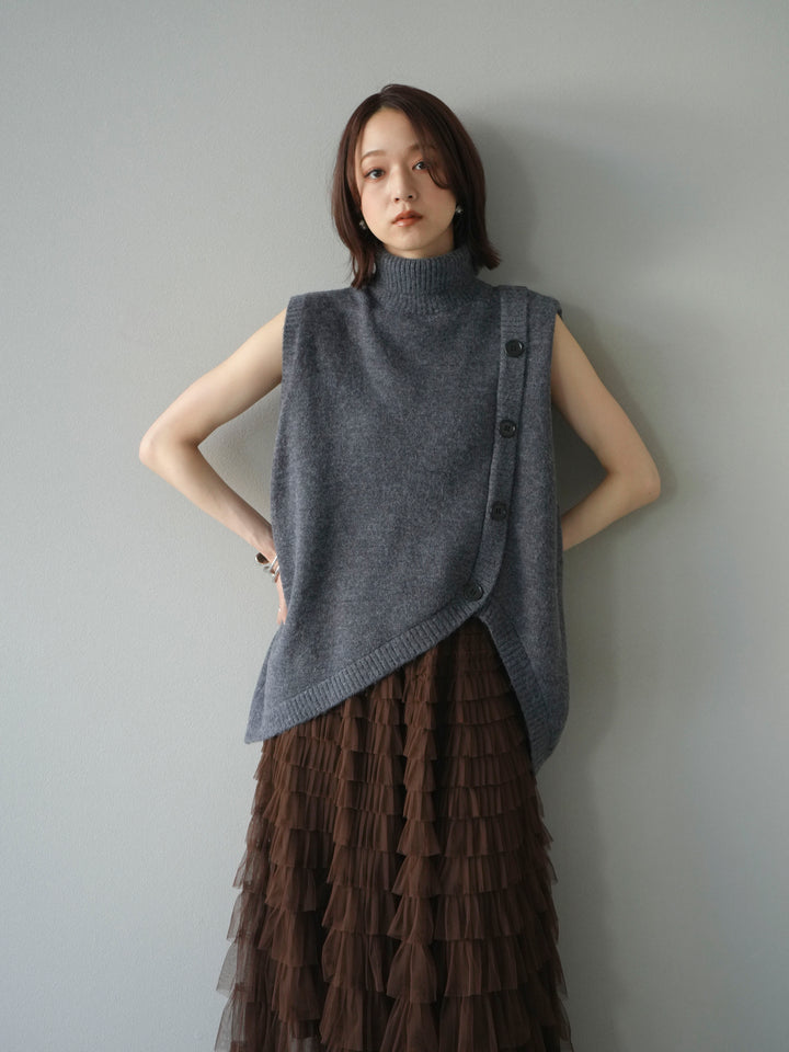 [予約]デザインボタンハイネックニットベスト/ gray