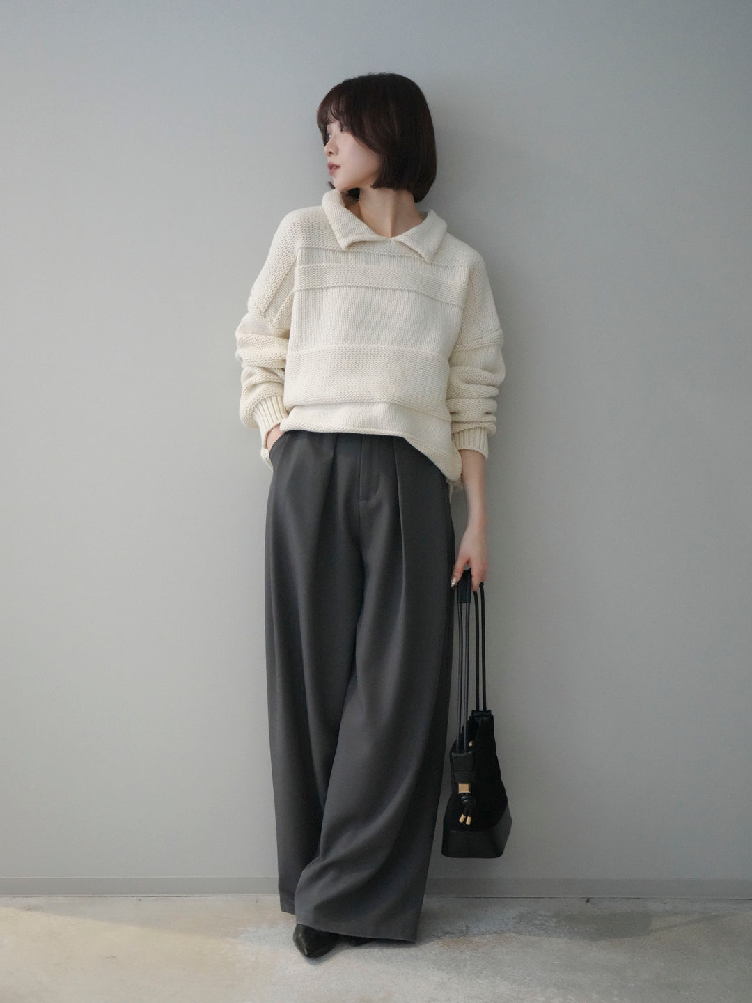 [SET]襟付きボーダー編みニットプルオーバー+ベルトループデザインワイドパンツ(2set)