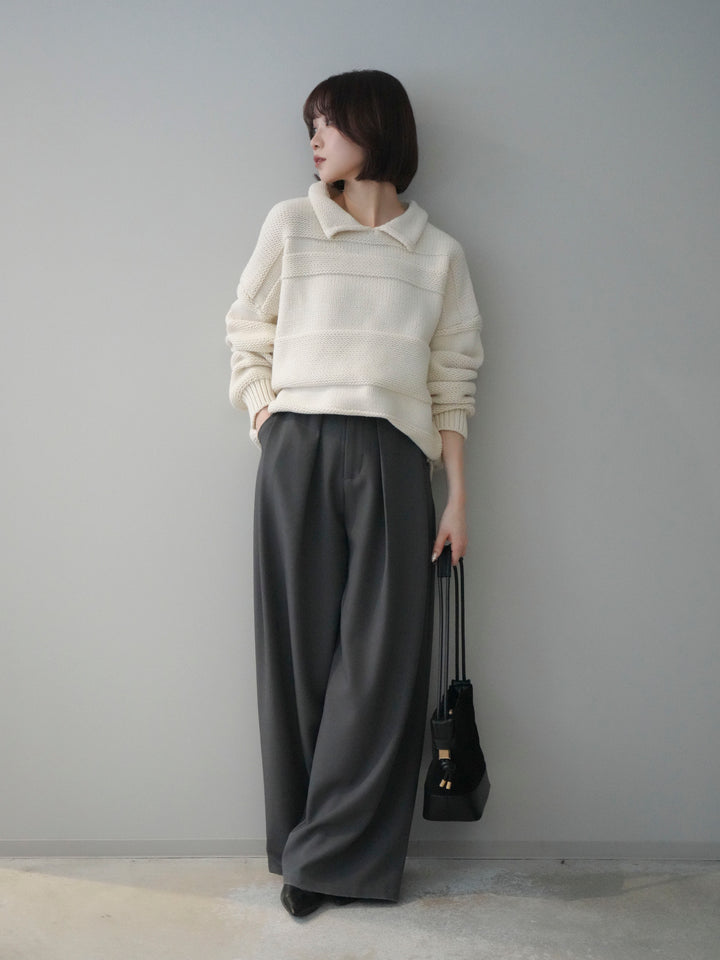 [SET]襟付きボーダー編みニットプルオーバー+ベルトループデザインワイドパンツ(2set)