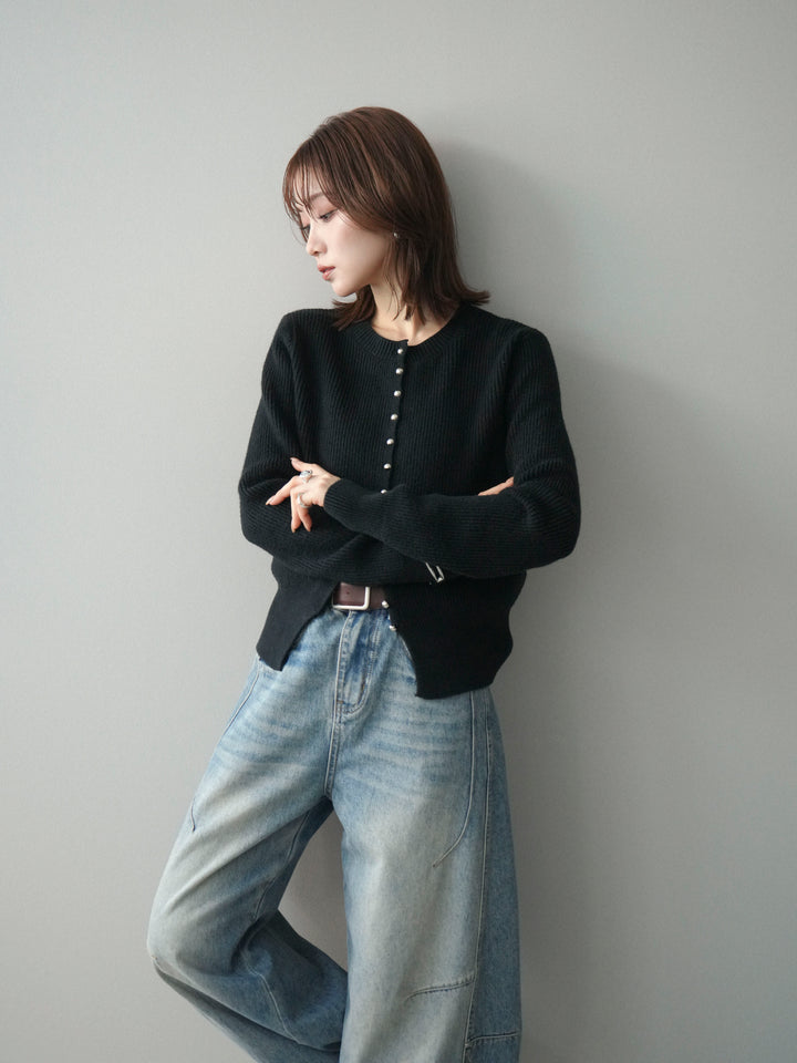 [予約]シルバーボタン畦編みニットカーディガン/black