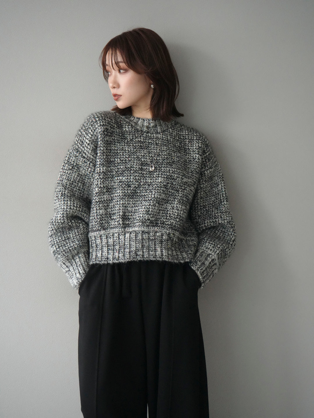 [予約]ボリュームスリーブミックスネップニットプルオーバー/gray