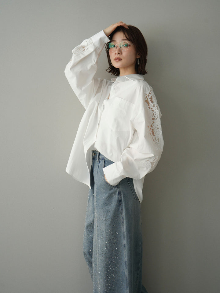 [SET]アームレースブロードシャツ+フロントビジューカーブデニムパンツ(2set)