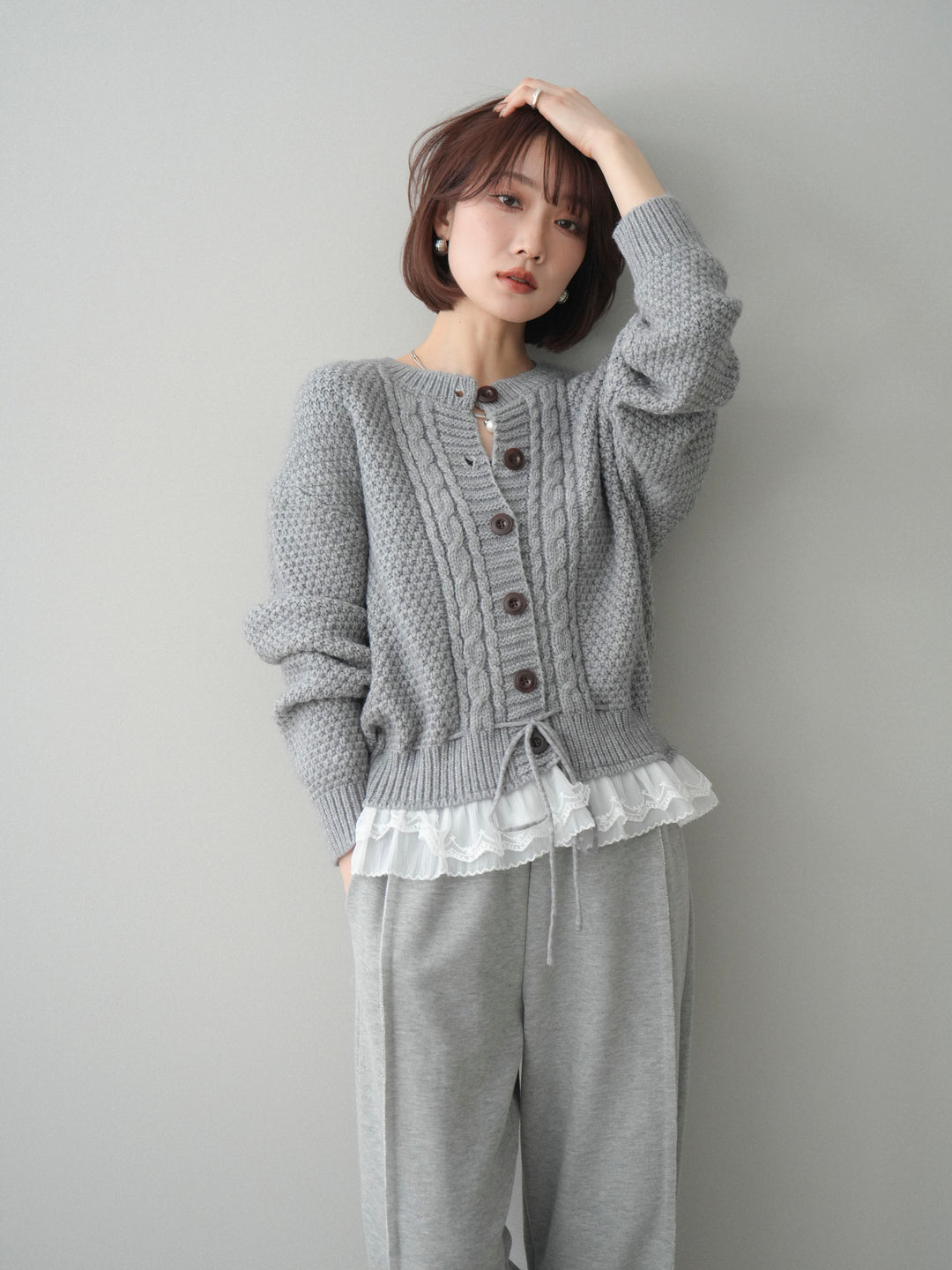 [SET]裾レースケーブルニットカーディガン+2WAYデザインスウェットパンツ(2set)