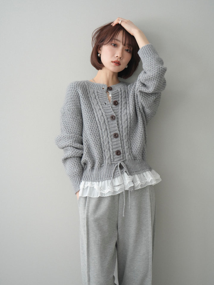 [SET]裾レースケーブルニットカーディガン+2WAYデザインスウェットパンツ(2set)