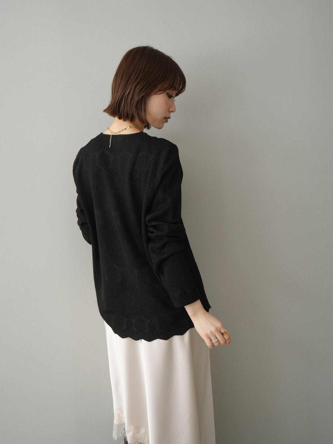 [SET]レースネックジャガードニットカーディガン+センターシームフレアパンツ(2set)